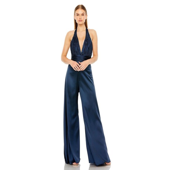 Ieena for Mac Duggal Jumpsuit Women's 12 Navy Blue Wide Leg Satin Halter Ruched - Picture 1 of 13